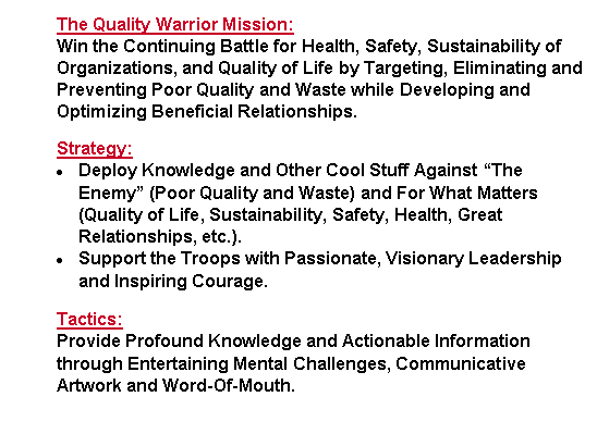 Text Box: The Quality Warrior Mission:Win the Continuing Battle for Health, Safety, Sustainability of Organizations, and Quality of Life by Targeting, Eliminating and Preventing Poor Quality and Waste while Developing and Optimizing Beneficial Relationships.Strategy:  Deploy Knowledge and Other Cool Stuff Against The Enemy (Poor Quality and Waste) and For What Matters (Quality of Life, Sustainability, Safety, Health, Great Relationships, etc.).Support the Troops with Passionate, Visionary Leadership and Inspiring Courage.Tactics: Provide Profound Knowledge and Actionable Information through Entertaining Mental Challenges, Communicative Artwork and Word-Of-Mouth.