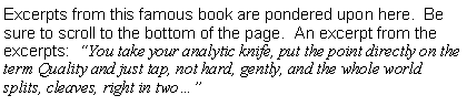 Text Box: Excerpts from this famous book are pondered upon here.  Be sure to scroll to the bottom of the page.  An excerpt from the excerpts:  You take your analytic knife, put the point directly on the term Quality and just tap, not hard, gently, and the whole world splits, cleaves, right in two